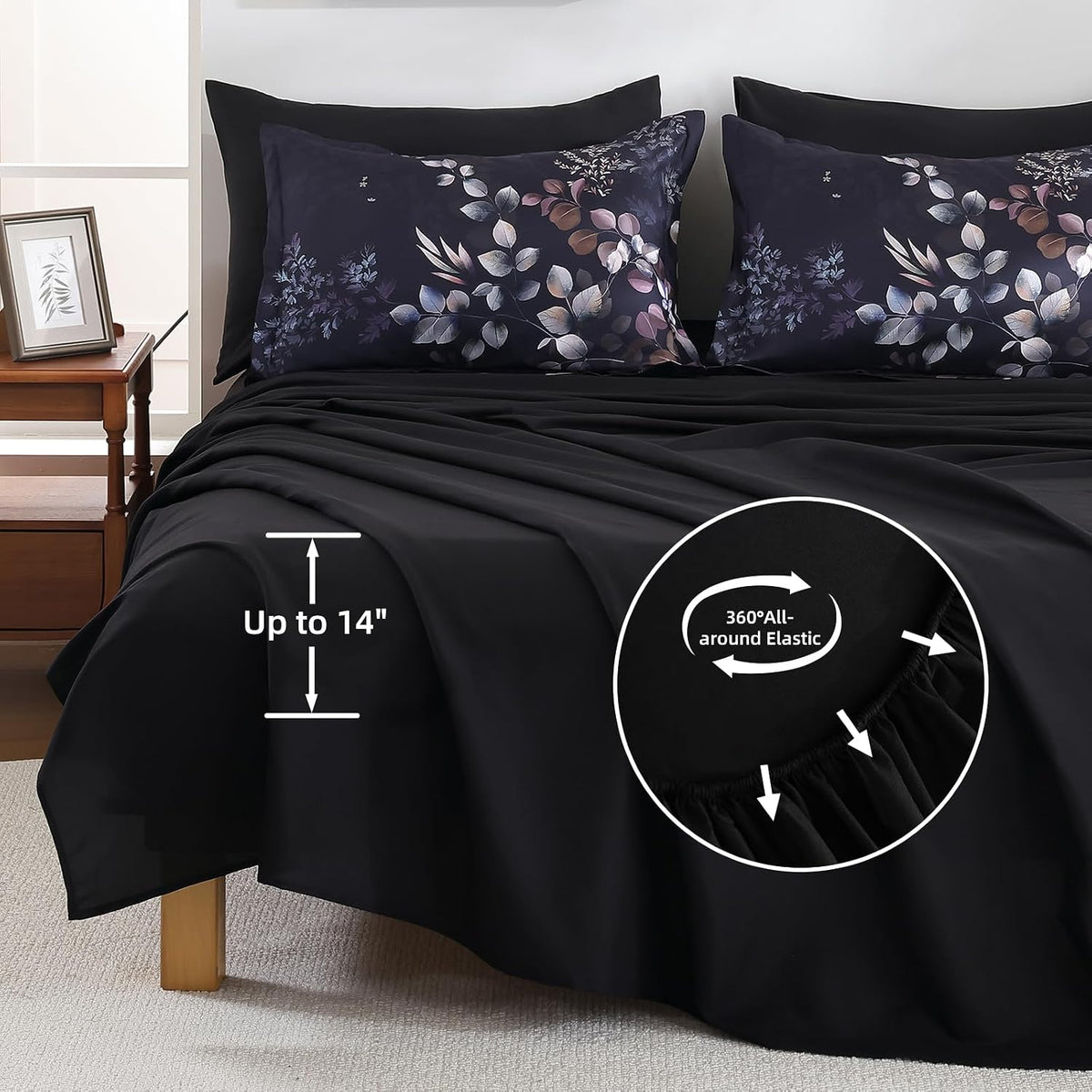Xruibed Black Comforter Set King Size 7 Pieces Leaf Bed in a Bag Set