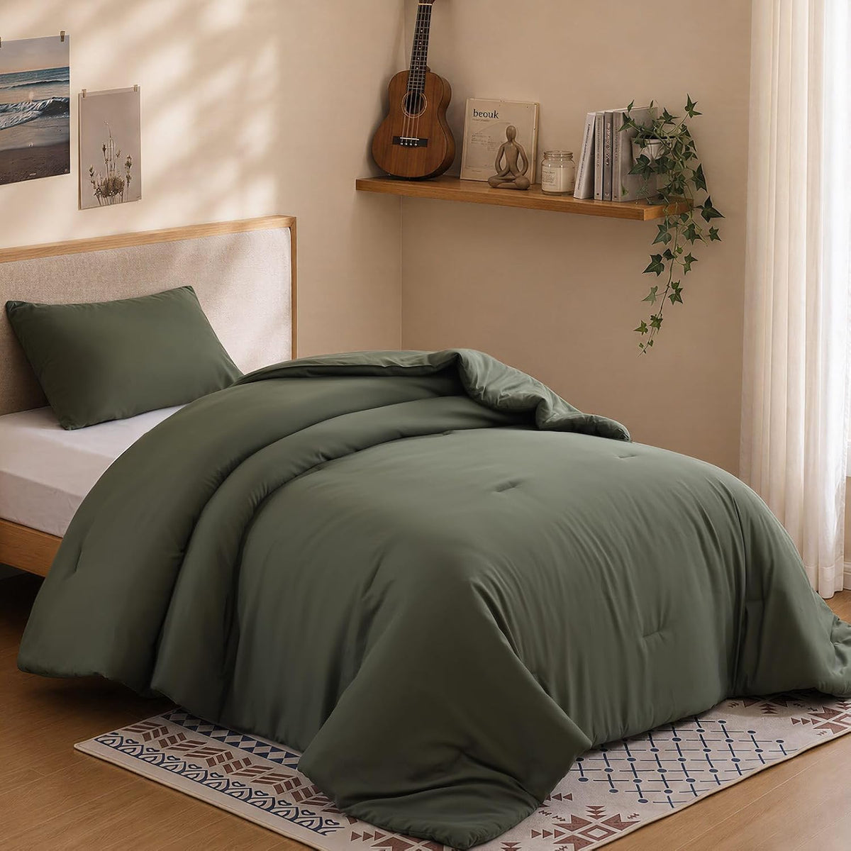 ROSGONIA Queen Comforter Set Oatmeal, 3pcs(1 Boho Oatmeal Comforter & 2 Pillowcases) All Season Soft Bedding Lightweight Bedspread Blanket Quilt
