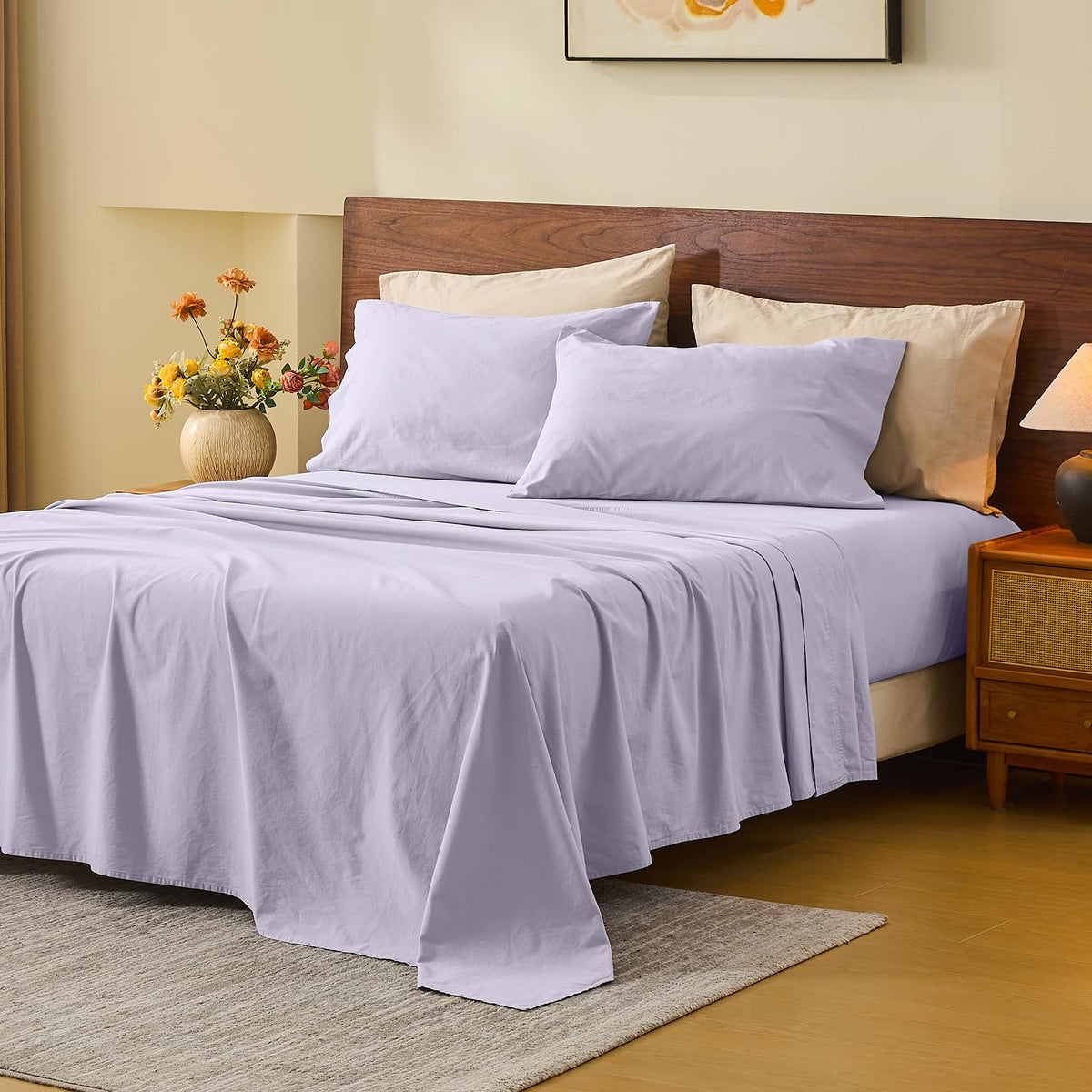 MEISHANG 100% French Linen Sheets Queen,4 Pcs,18-24" Extra Deep Pocket
