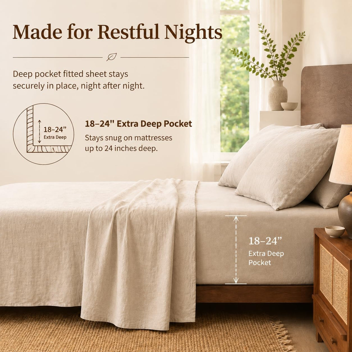 MEISHANG 100% French Linen Sheets Queen,4 Pcs,18-24" Extra Deep Pocket