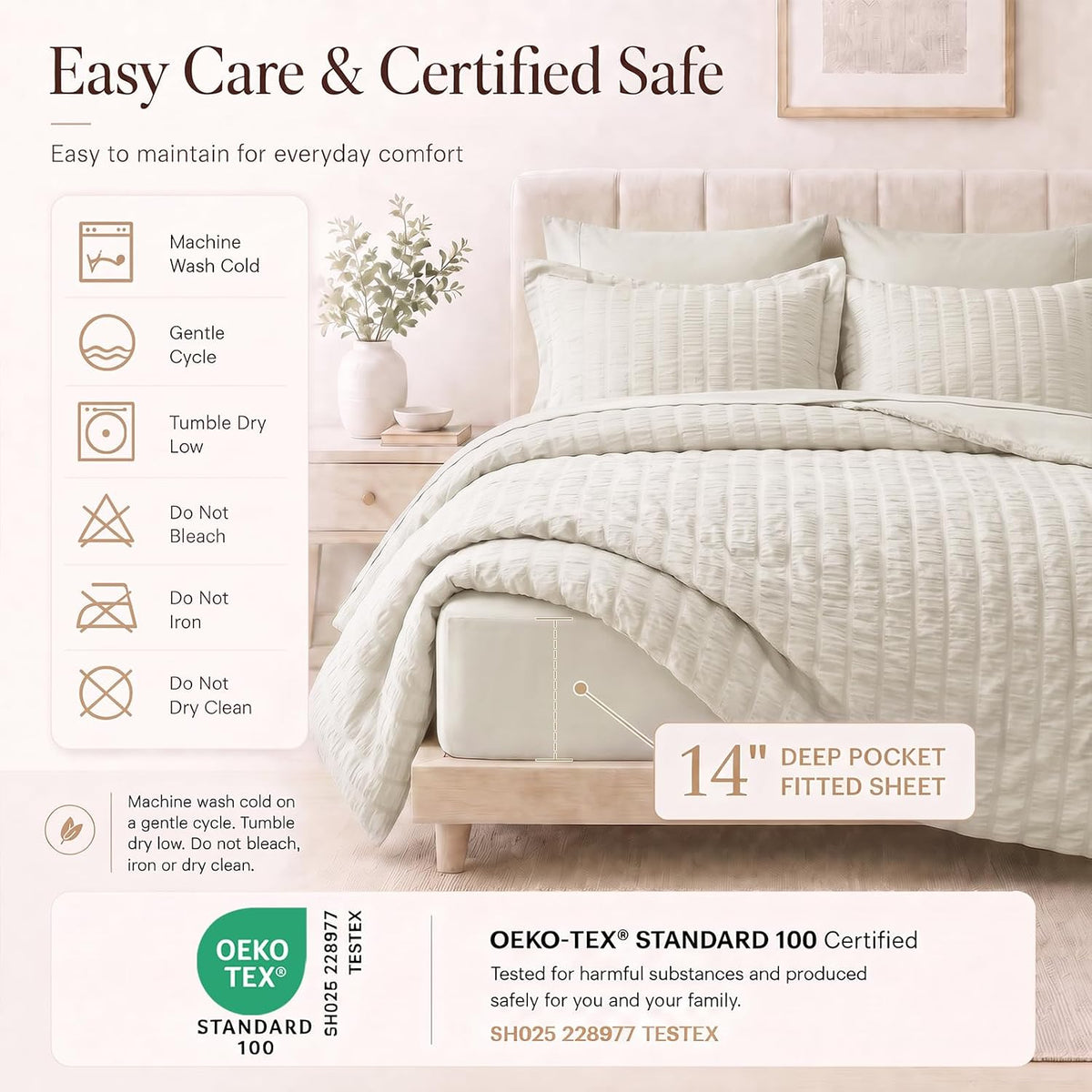 CozyLux Queen Comforter Set, 7 Pieces Beige Seersucker Bed in a Bag
