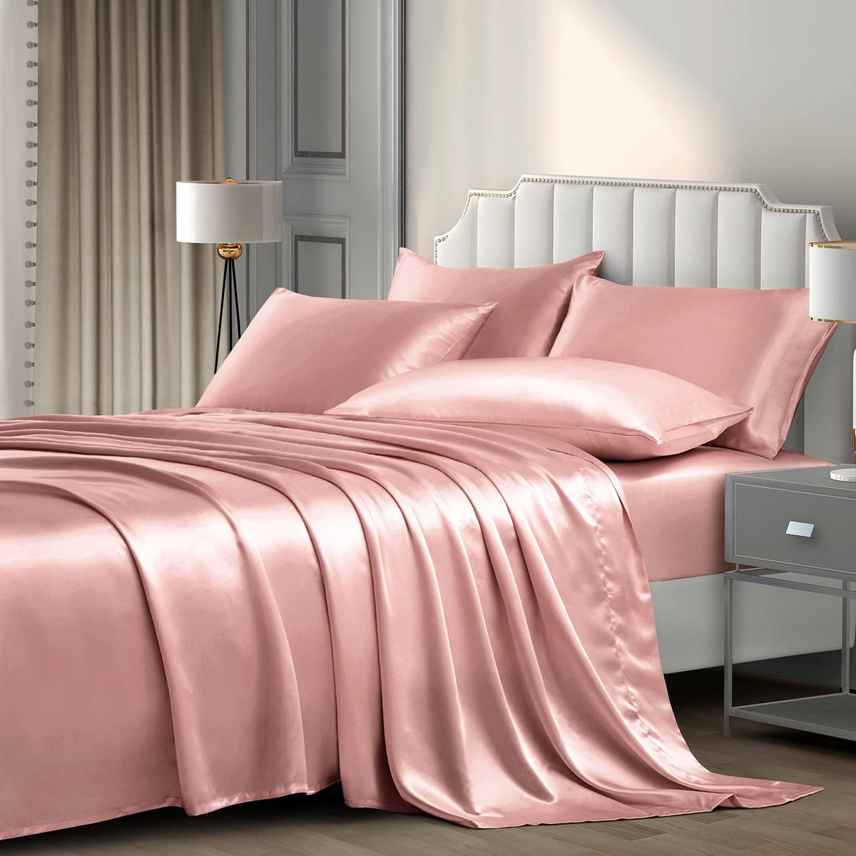 P Pothuiny Satin Sheets Set, Queen (6 Pieces, Taupe) - Luxury Soft Bed Linen Set with 1 Fitted Sheet, 1 Flat Sheet, 4 Pillowcases