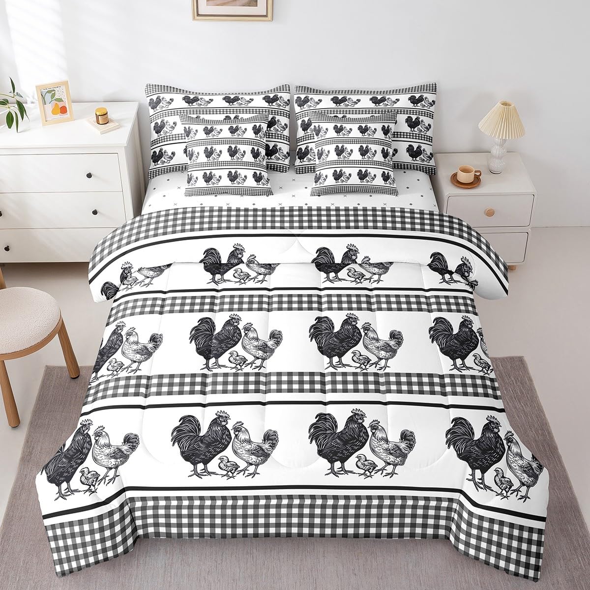 Erosebridal 7 Pcs Rustic Cow Comforter Set King Size,Western Texas Star Bed in a Bag with Flat Fitted Sheet for Cowboy Cowgirl,Cowhide Cow Print Bedding Set with Pillowcases and Cushion Cases