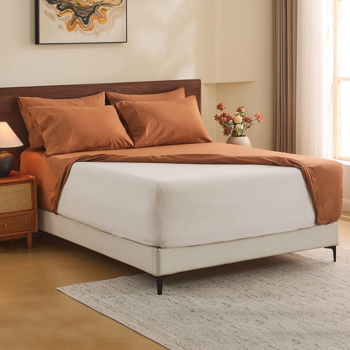MEISHANG 100% French Linen Sheets Queen,4 Pcs,18-24" Extra Deep Pocket