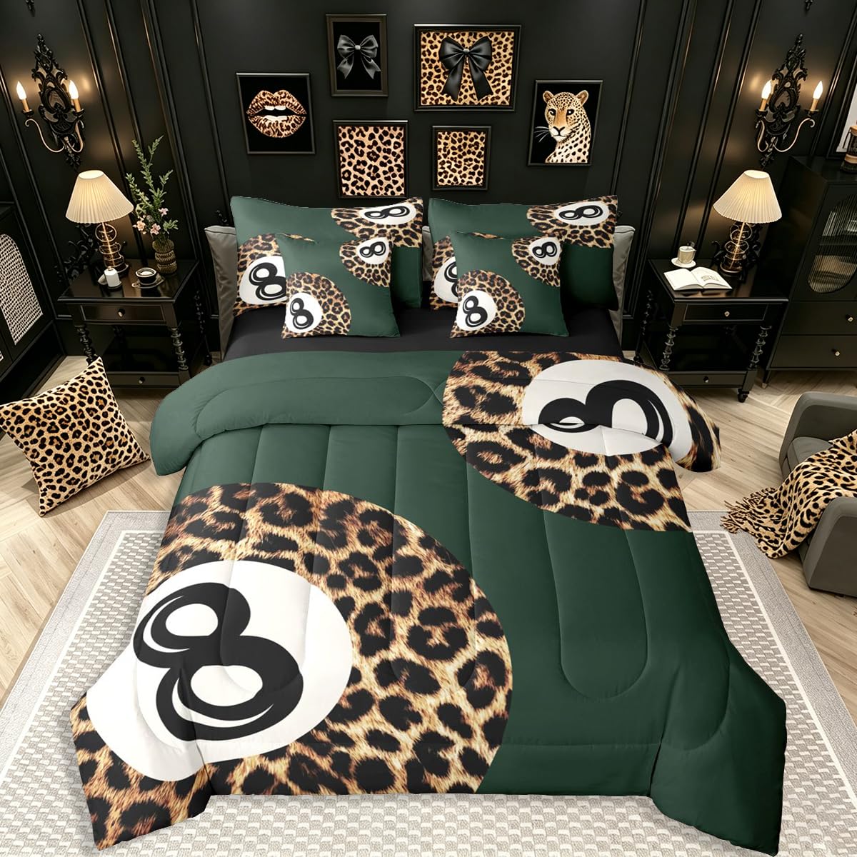 Erosebridal Leopard Print Bedding Set,7 Piece Pink Lucky 8 Ball Cheetah Bed in A Bag Queen Comforter Set for Boys Girls Women Preppy Room Decor Aesthetic Comforter and Sheets Fashion Coquette Bed Set