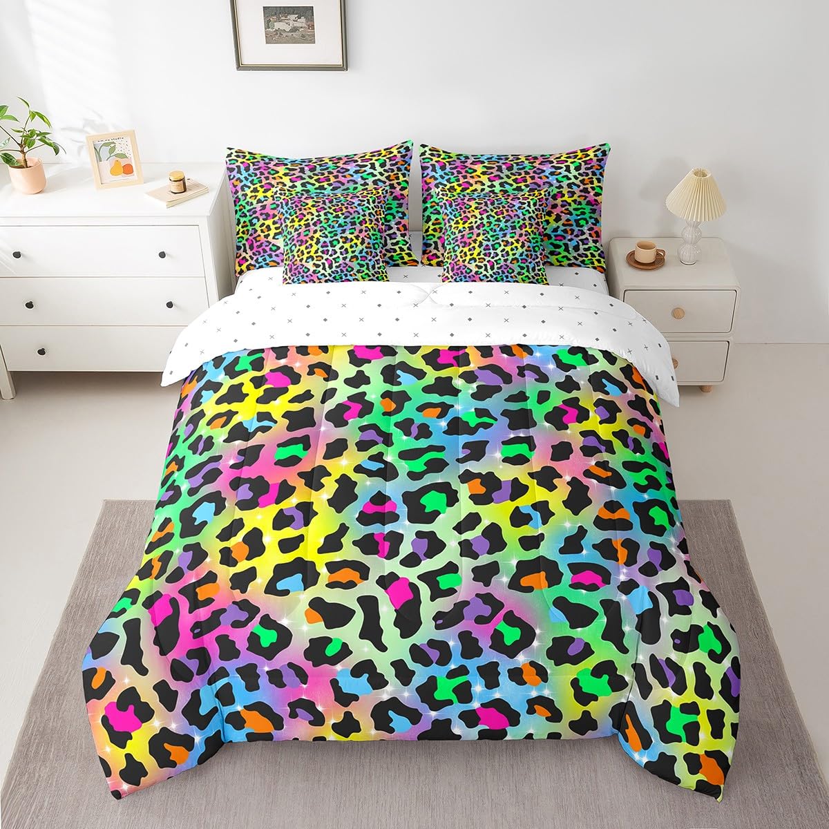 Feelyou Cute Leopard Bedding Set for All Season Cheetah 7 Pieces Comforter Sets Full Size Teens Room Decor Pink Animal Print Bed in a Bag with Comforter, Sheets, Pillowcases & Cushion Cover