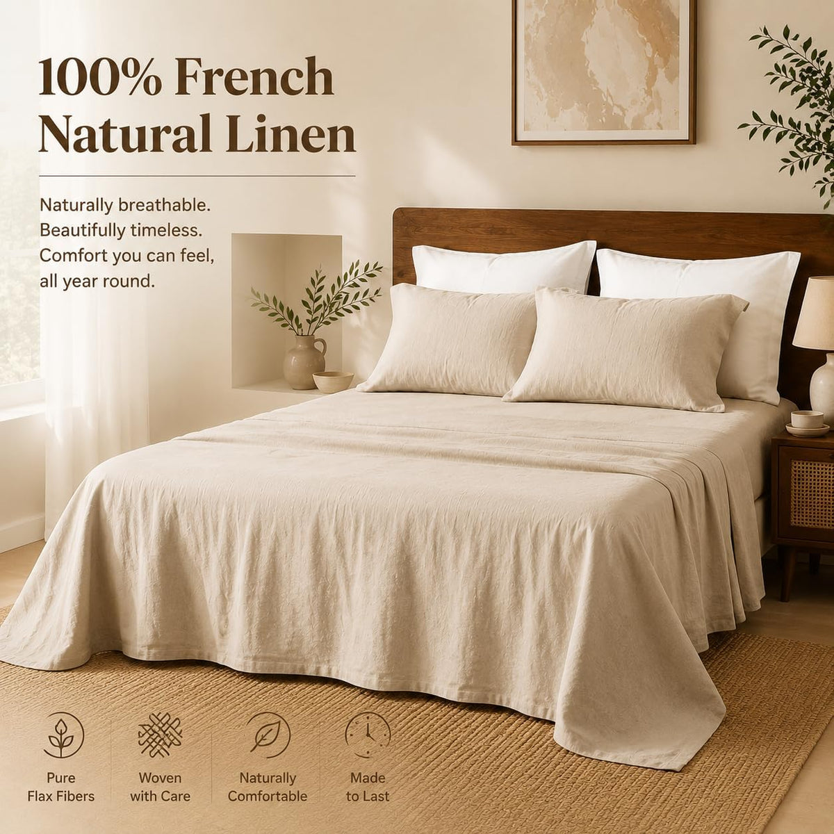 MEISHANG 100% French Linen Sheets Queen,4 Pcs,18-24" Extra Deep Pocket