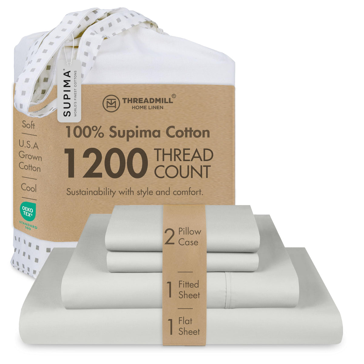 Threadmill 1200 Thread Count Supima Cotton King Sheet Set, Sateen, Ivory