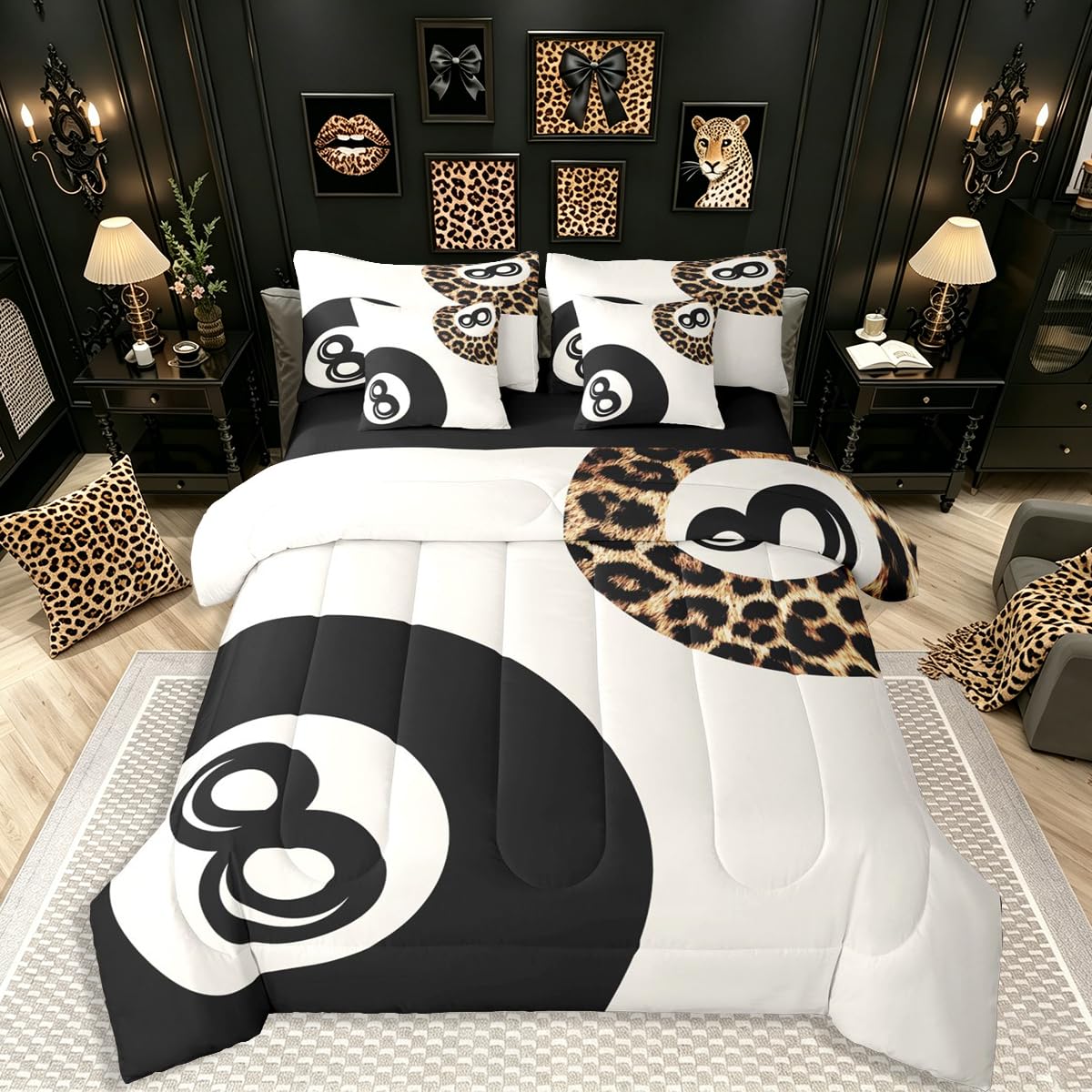 Erosebridal Leopard Print Bedding Set,7 Piece Pink Lucky 8 Ball Cheetah Bed in A Bag Queen Comforter Set for Boys Girls Women Preppy Room Decor Aesthetic Comforter and Sheets Fashion Coquette Bed Set