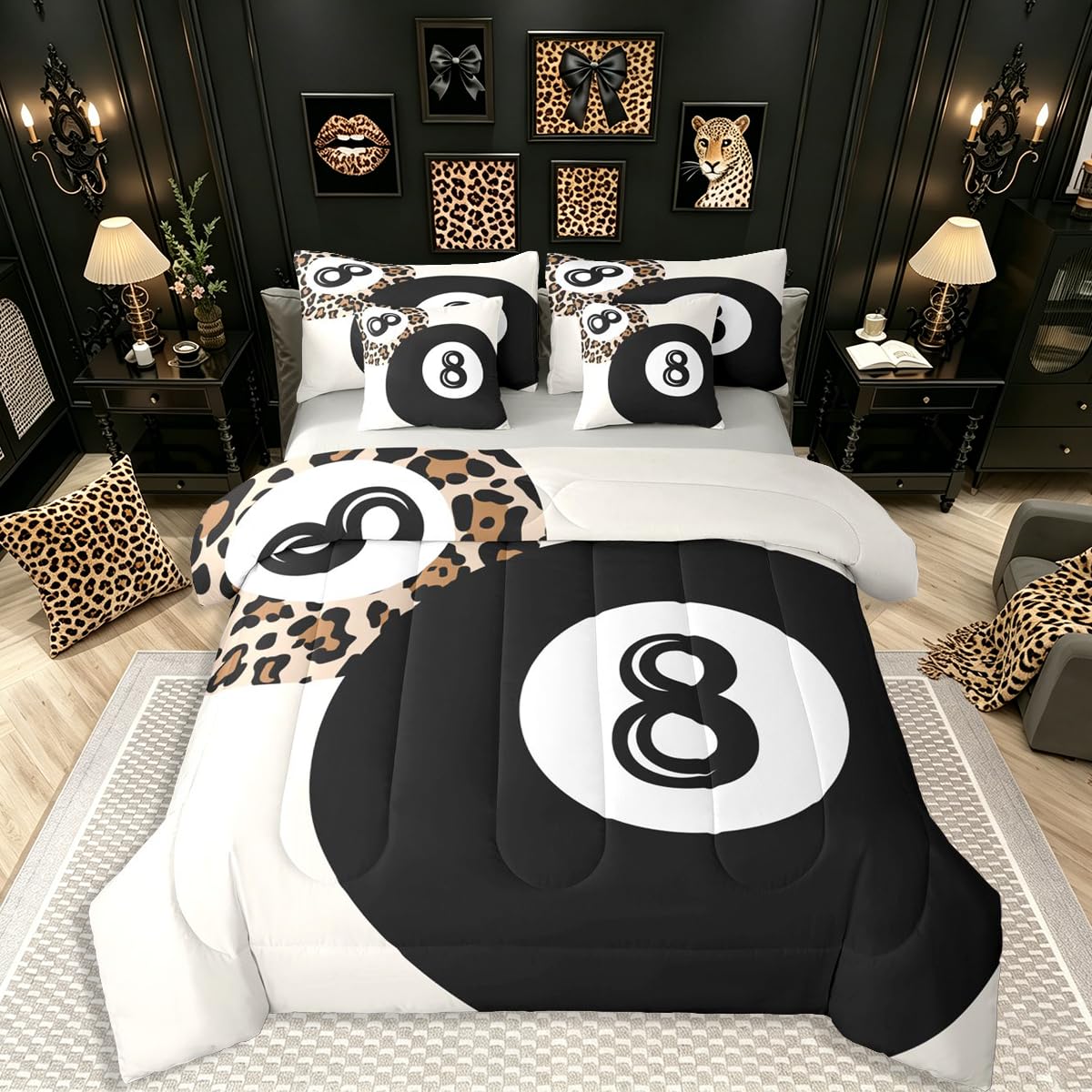 Erosebridal Leopard Print Bedding Set,7 Piece Pink Lucky 8 Ball Cheetah Bed in A Bag Queen Comforter Set for Boys Girls Women Preppy Room Decor Aesthetic Comforter and Sheets Fashion Coquette Bed Set