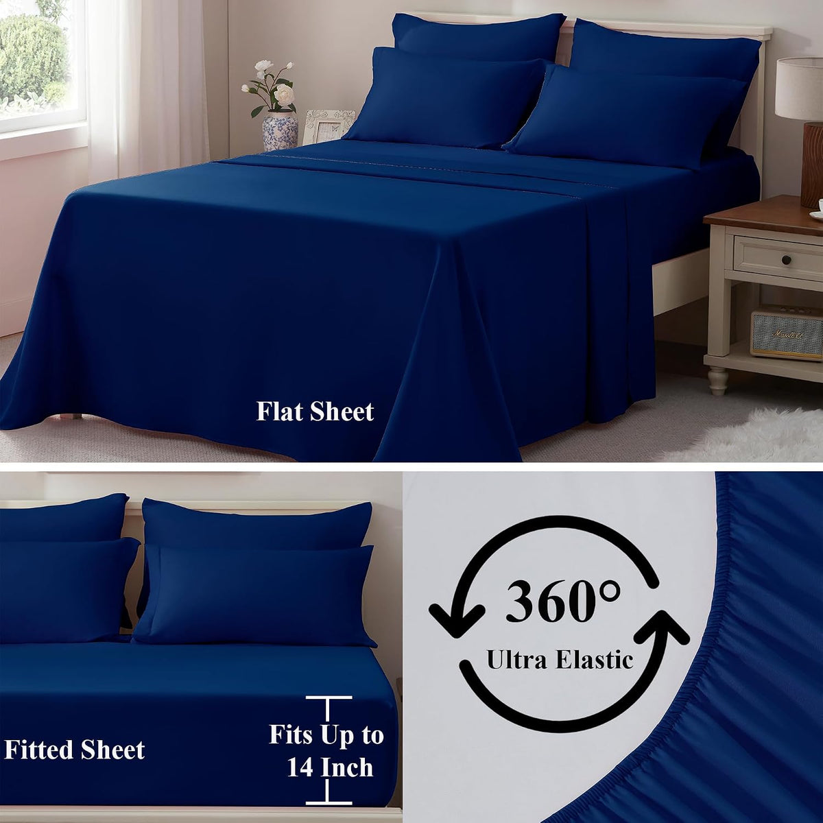 ELNIDO QUEEN® Queen Comforter Set Navy - 7 Pieces Bed in a Bag Queen Size, Bed Set All Seasons, Ultra Soft Dark Blue Bedding Sets with Comforter, Flat Sheet, Fitted Sheet, Pillowcases and Pillow Shams