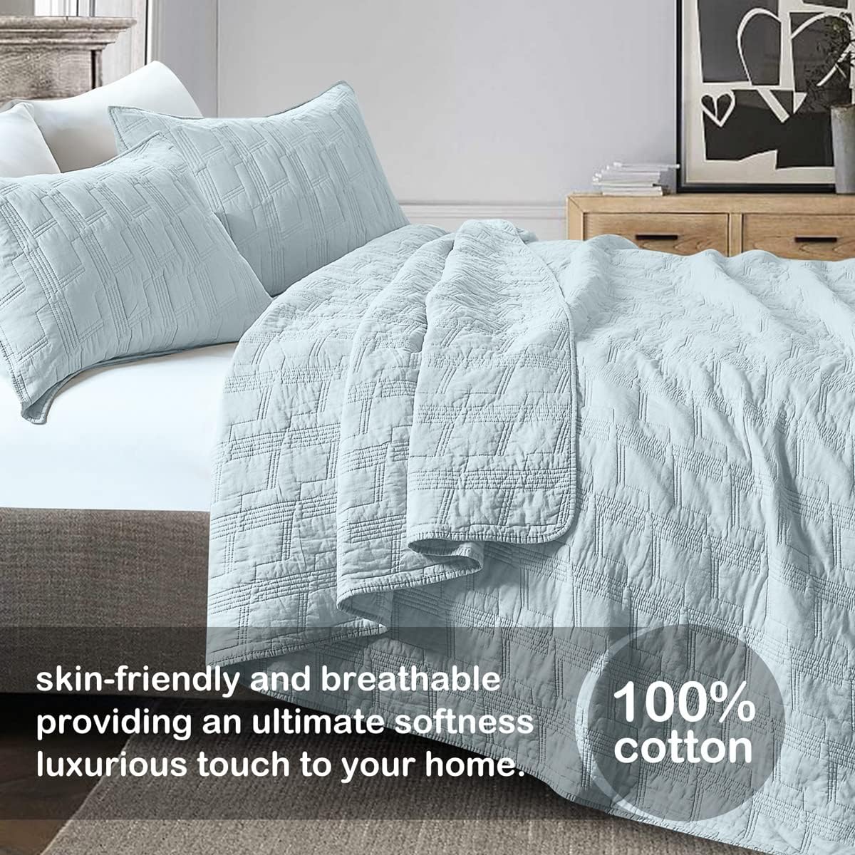 HORIMOTE HOME 100% Cotton Quilt Set Queen Size, Baby Blue Pre-Washed 3-Piece Bedspread Coverlet Set, Cozy Lightweight Stitching Bedding Cover with 2 Shams in Geometric Pattern for All Season