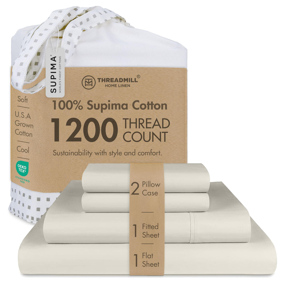 Threadmill 1200 Thread Count Supima Cotton King Sheet Set, Sateen, Ivory