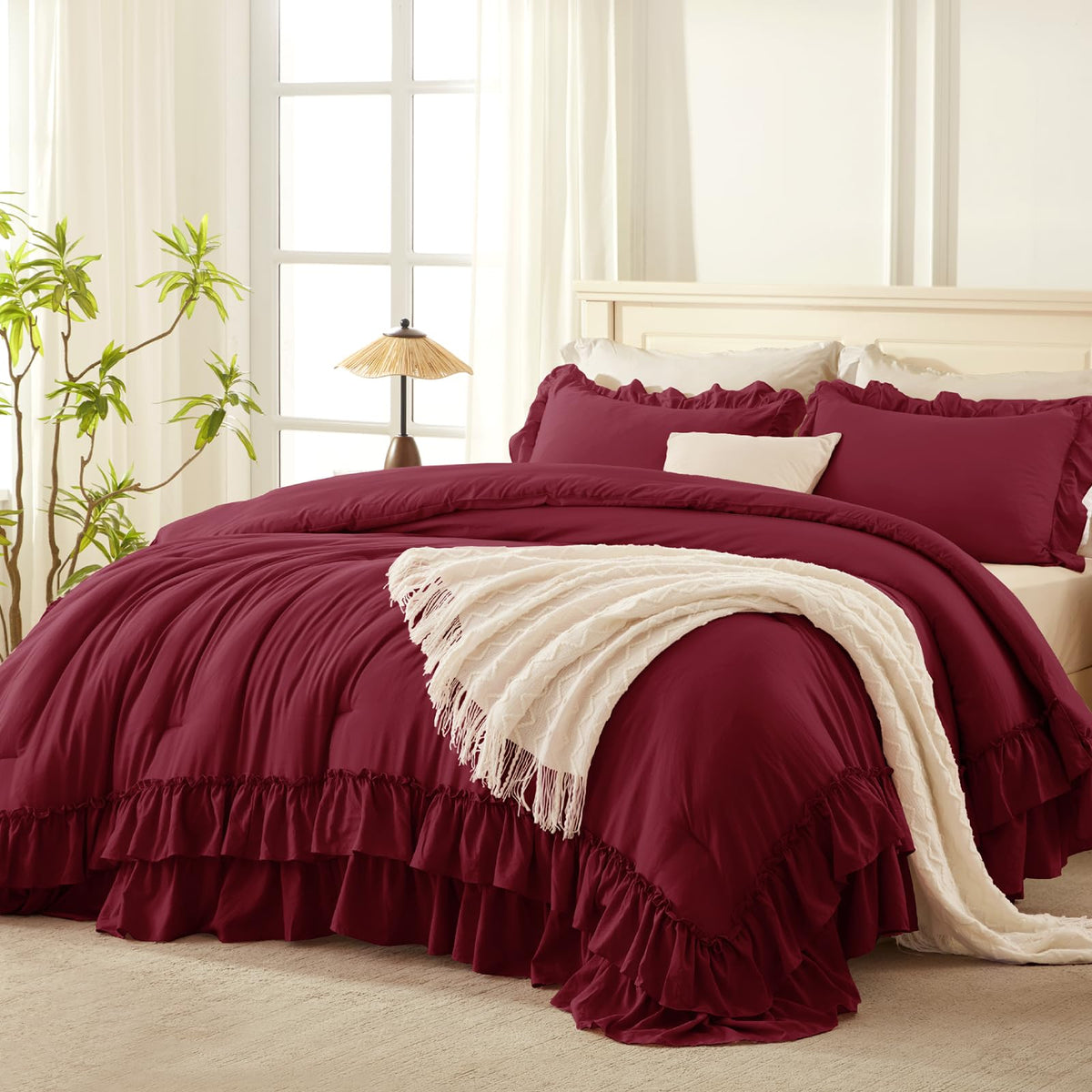 Andency Beige Ruffle Full Size Comforter Set, 3 Pieces
