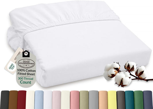 ROYALE LINENS 300 Thread Count 100% Long Staple Combed Cotton Fitted Sheet Full - Super Soft Deep Pocket Bottom Sheet - Fitted Sheets Only - Elastic Sheets (Full, White)