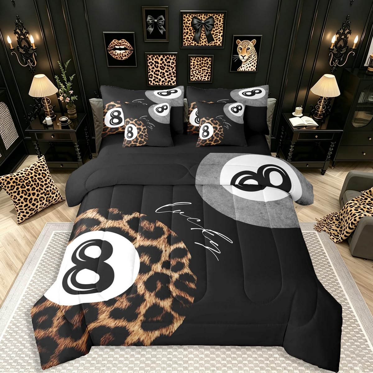 Erosebridal Leopard Print Bedding Set,7 Piece Pink Lucky 8 Ball Cheetah Bed in A Bag Queen Comforter Set for Boys Girls Women Preppy Room Decor Aesthetic Comforter and Sheets Fashion Coquette Bed Set