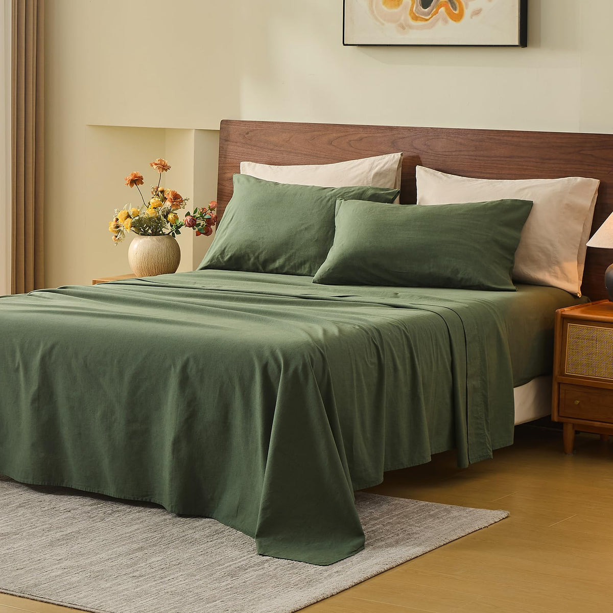 MEISHANG 100% French Linen Sheets Queen,4 Pcs,18-24" Extra Deep Pocket