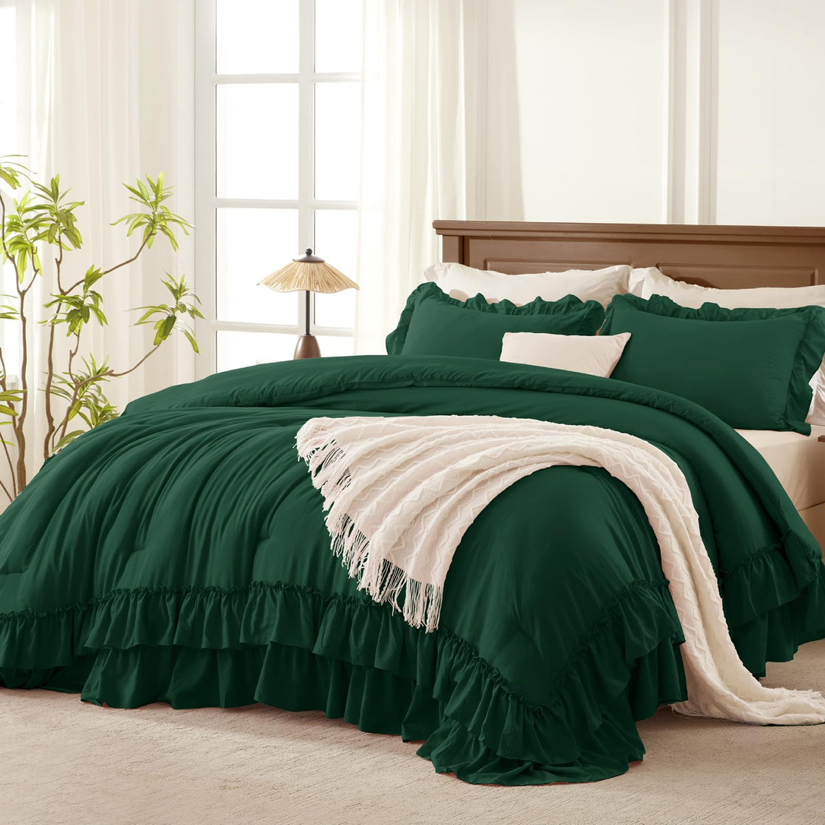 Andency Beige Ruffle Full Size Comforter Set, 3 Pieces