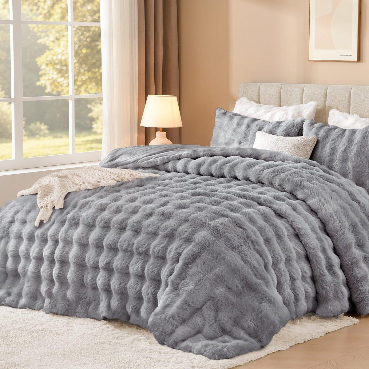 Andency Fluffy King Comforter Set Beige, Cheetah Print Bedding 3 Pieces