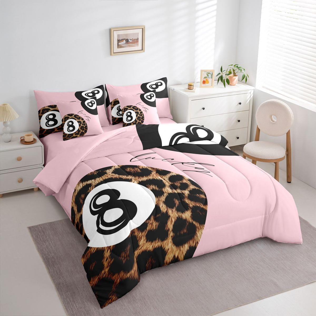 Erosebridal Leopard Print Bedding Set,7 Piece Pink Lucky 8 Ball Cheetah Bed in A Bag Queen Comforter Set for Boys Girls Women Preppy Room Decor Aesthetic Comforter and Sheets Fashion Coquette Bed Set
