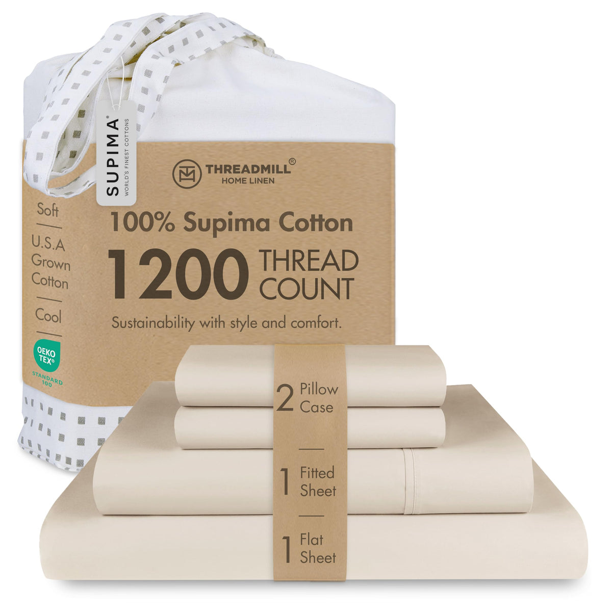 Threadmill 1200 Thread Count Supima Cotton King Sheet Set, Sateen, Ivory