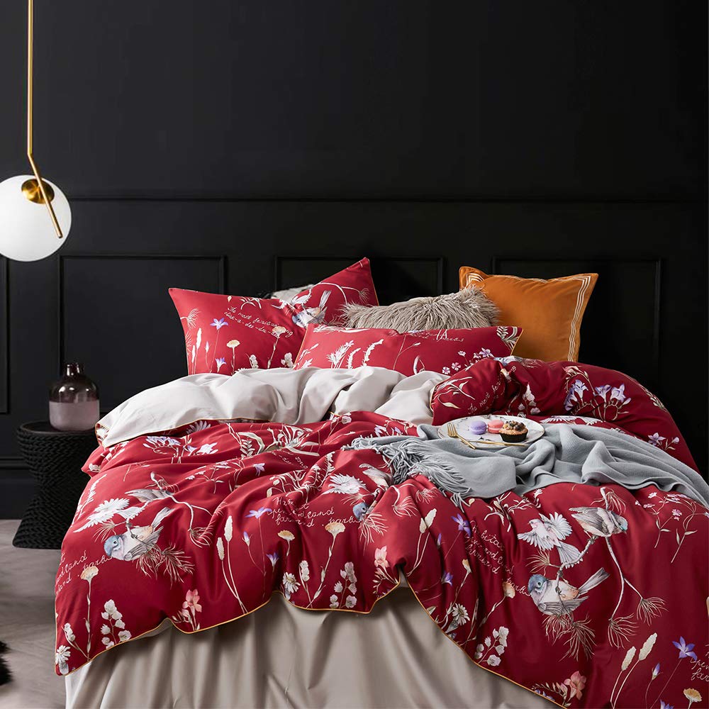 mixinni Duvet Cover Set King Size Bird Flower Pattern Soft Long Staple Cotton Floral Bedding Comforter Cover Set with Zipper Ties for Women and Men, Ultra Soft, Breathable, Easy Care-King Size