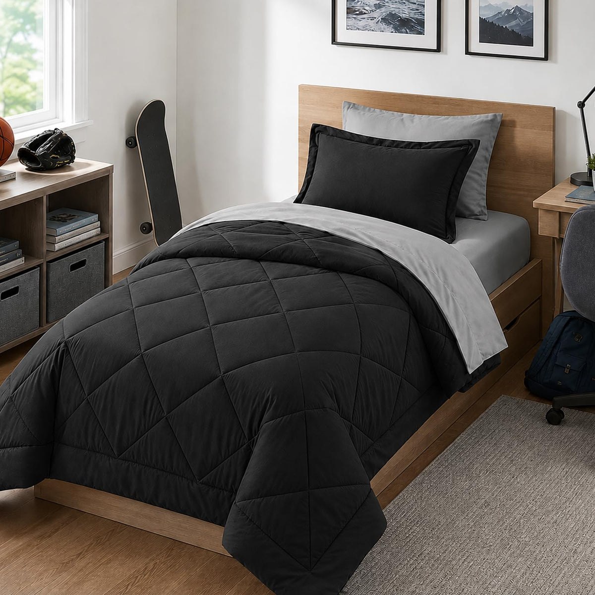 Furnishh 5 Pieces Comforter Set Twin Bed in a Bag, Reversible Bed Set with Comforter, Flat Sheet, Fitted Sheet, Pillowcase & Sham, Navy Blue and Grey Twin Size Bedding Sets for Boys, Girls