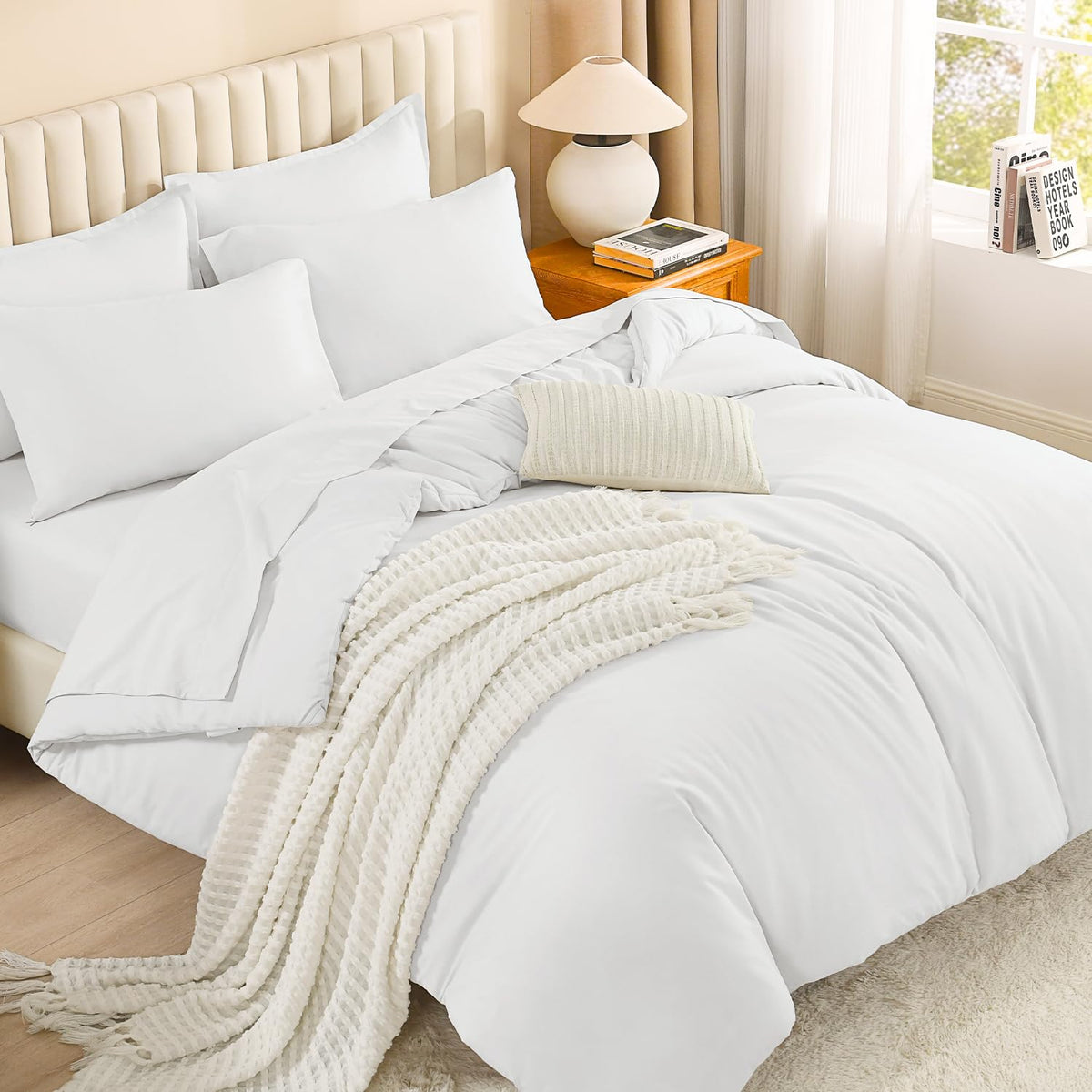 Litanika King Comforter Set with Sheets Beige - 7 Pieces Solid Bed in a Bag