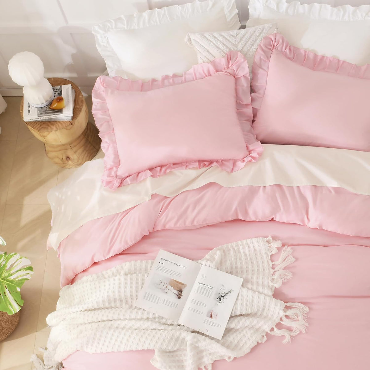 Andency Pink Ruffle Comforter Twin Size, 2 Pieces Soft Bed Set