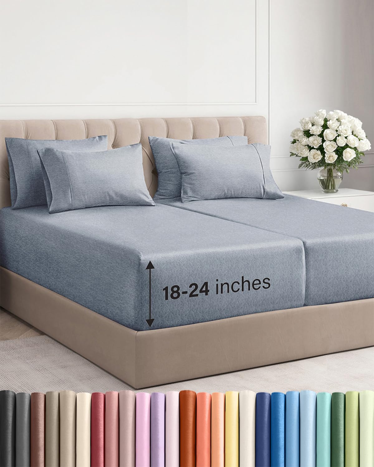 Extra Deep Queen Sheet Set - 6 Piece Breathable and Cooling Sheets - Grey