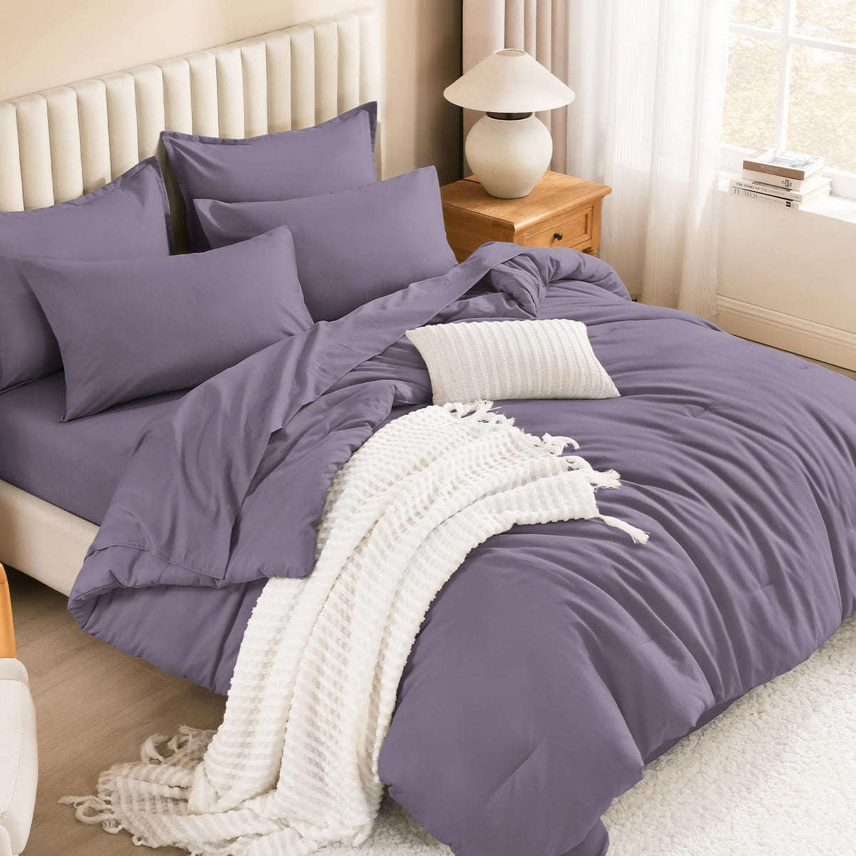 Litanika King Comforter Set with Sheets Beige - 7 Pieces Solid Bed in a Bag