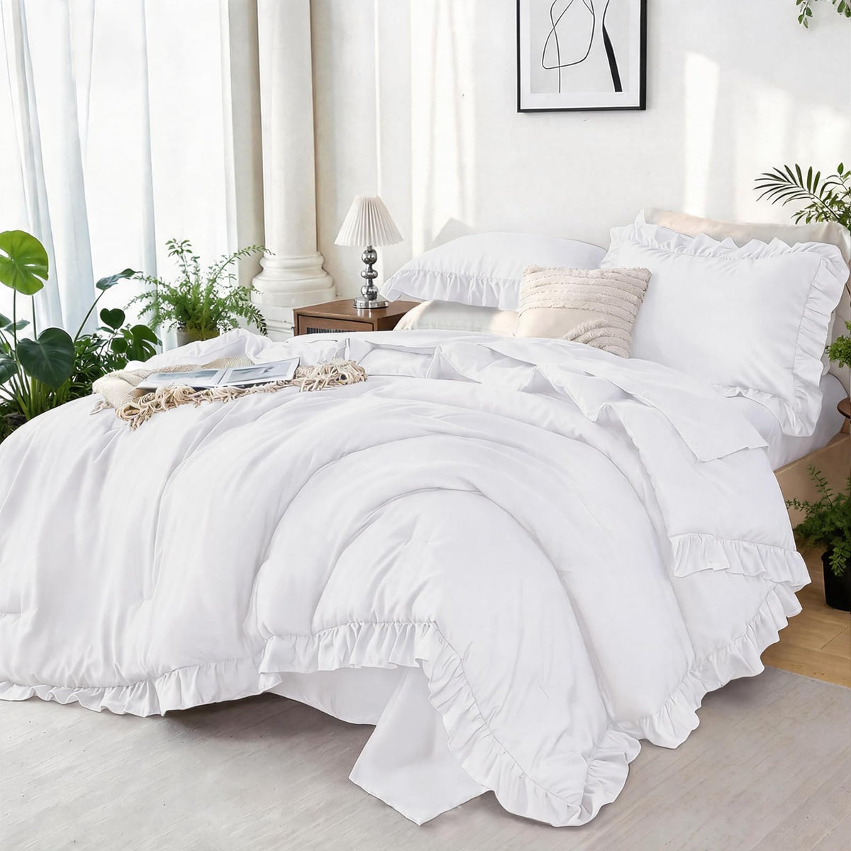 ZRNBAST Full Comforter Set Sage Green, 5 Pieces Ruffle Full Bed Sets, Soft Farmhouse Fluffy Bed in a Bag Shabby Chic Bedding Sets with Ruffled Comforter, Flat Sheet, Fitted Sheet, Pillowcases