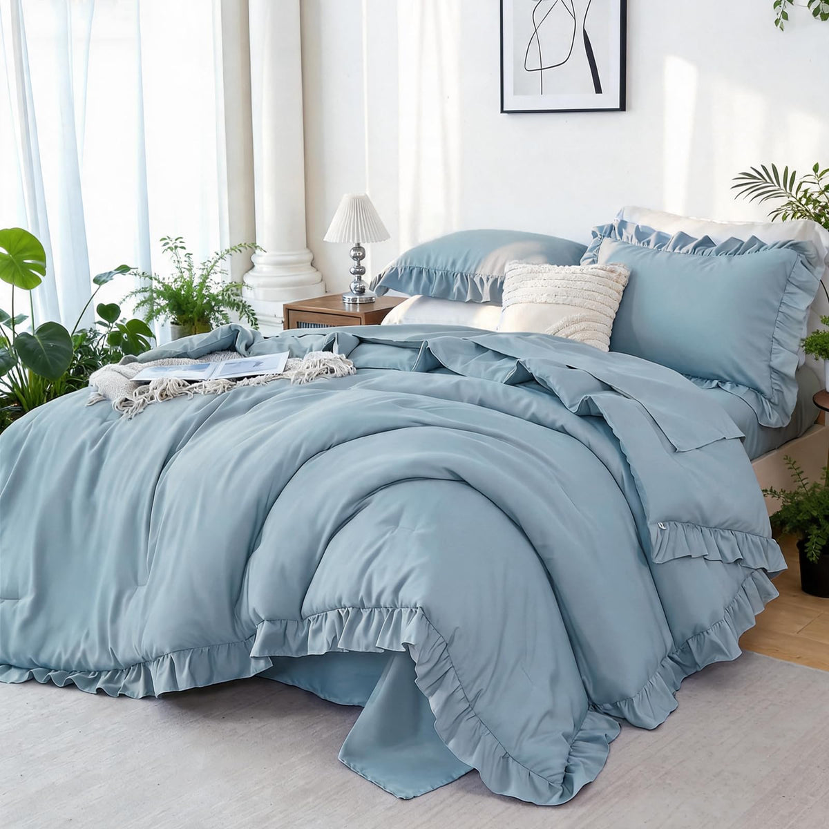 ZRNBAST Full Comforter Set Sage Green, 5 Pieces Ruffle Full Bed Sets, Soft Farmhouse Fluffy Bed in a Bag Shabby Chic Bedding Sets with Ruffled Comforter, Flat Sheet, Fitted Sheet, Pillowcases