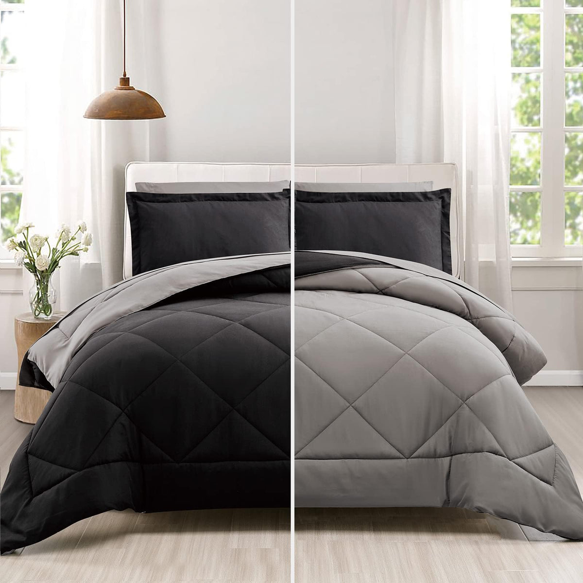 Furnishh 5 Pieces Comforter Set Twin Bed in a Bag, Reversible Bed Set with Comforter, Flat Sheet, Fitted Sheet, Pillowcase & Sham, Navy Blue and Grey Twin Size Bedding Sets for Boys, Girls