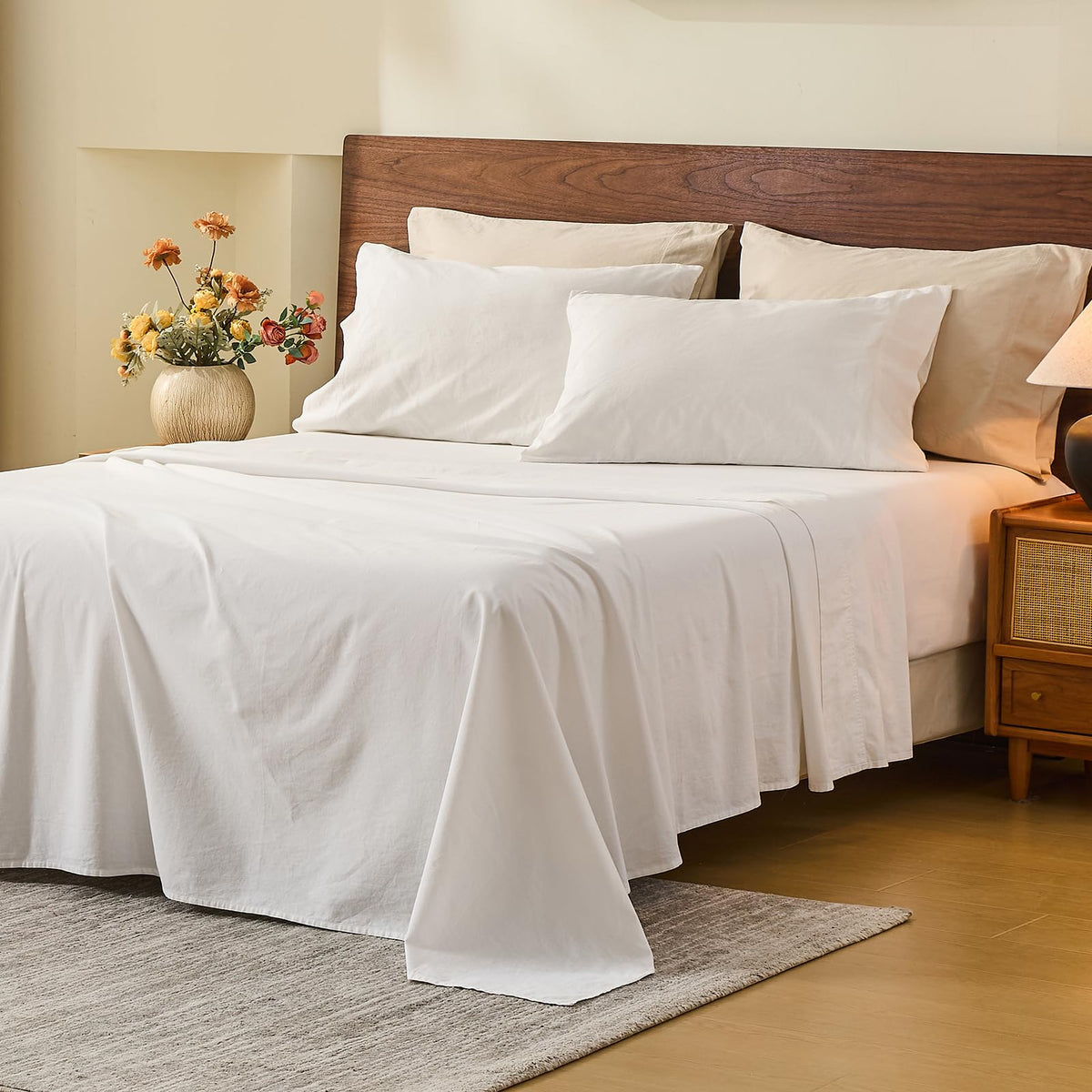MEISHANG 100% French Linen Sheets Queen,4 Pcs,18-24" Extra Deep Pocket