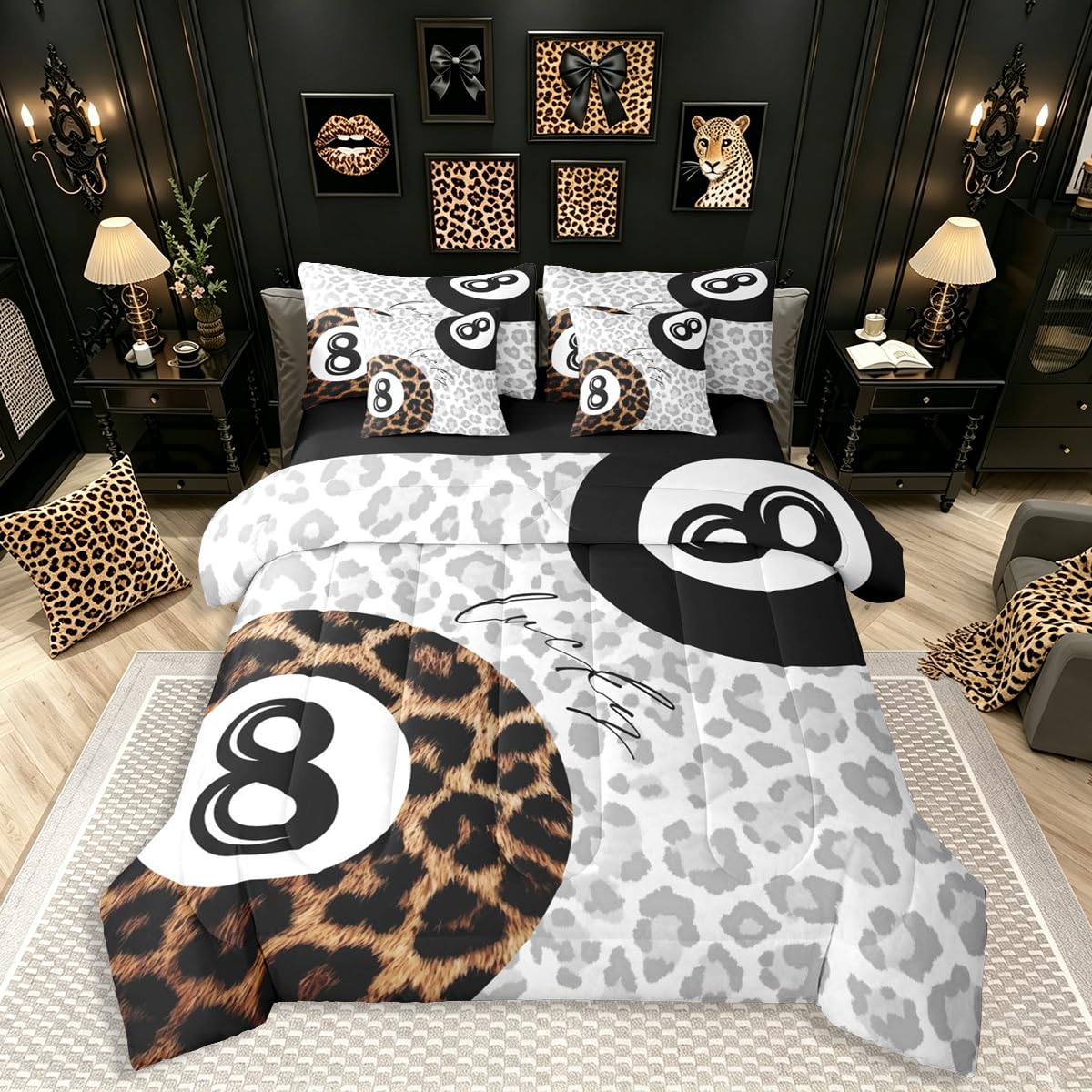 Erosebridal Leopard Print Bedding Set,7 Piece Pink Lucky 8 Ball Cheetah Bed in A Bag Queen Comforter Set for Boys Girls Women Preppy Room Decor Aesthetic Comforter and Sheets Fashion Coquette Bed Set