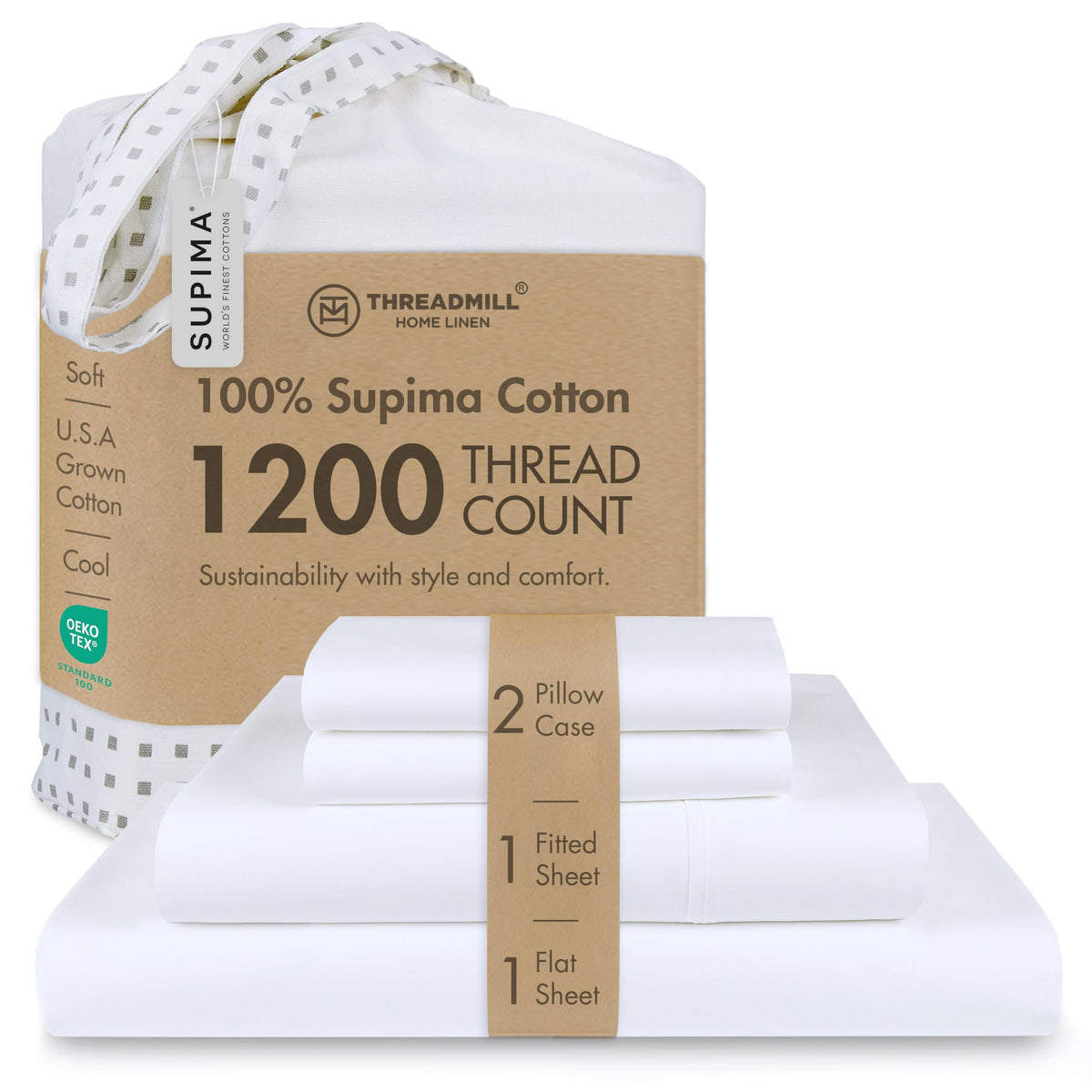 Threadmill 1200 Thread Count Supima Cotton King Sheet Set, Sateen, Ivory