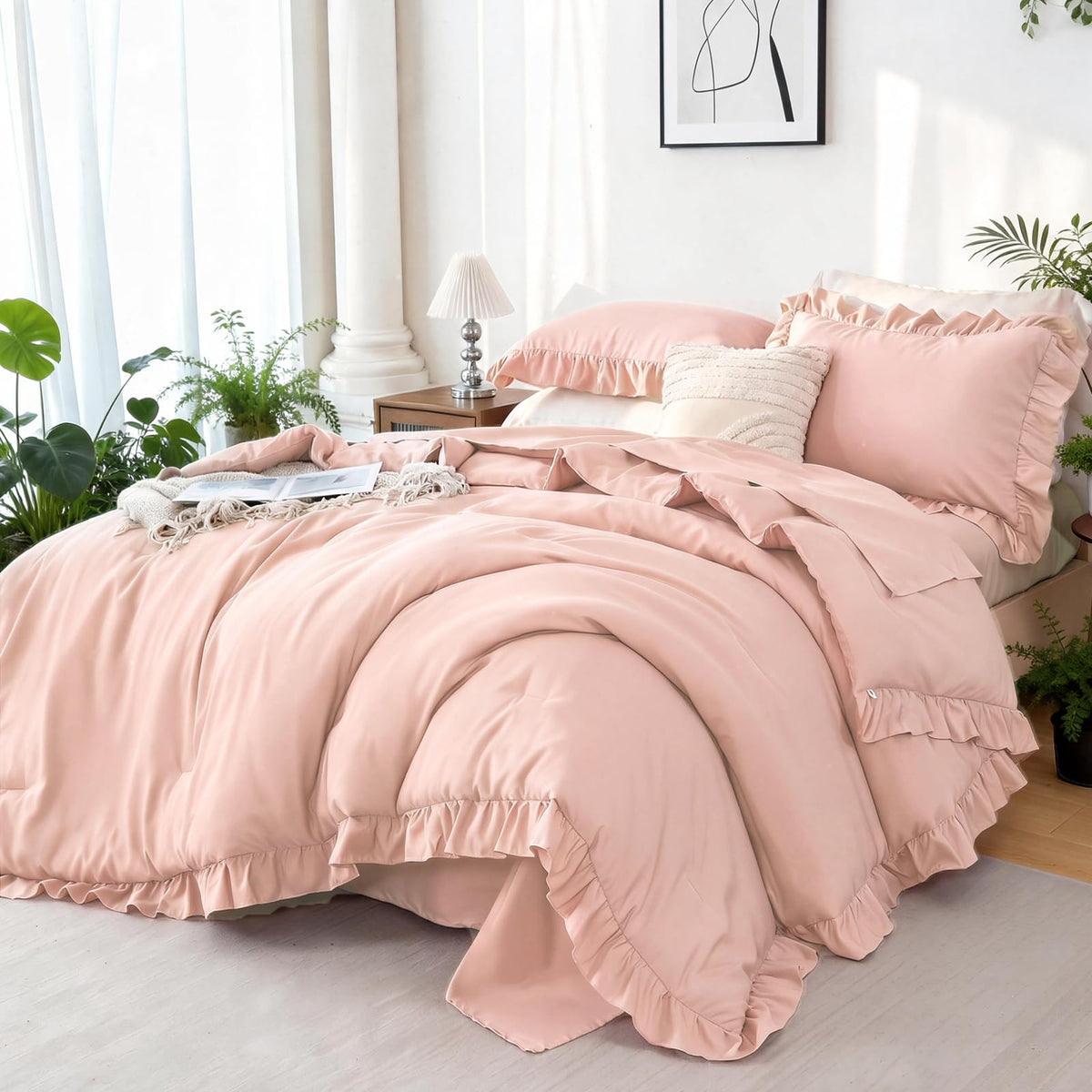 ZRNBAST Full Comforter Set Sage Green, 5 Pieces Ruffle Full Bed Sets, Soft Farmhouse Fluffy Bed in a Bag Shabby Chic Bedding Sets with Ruffled Comforter, Flat Sheet, Fitted Sheet, Pillowcases