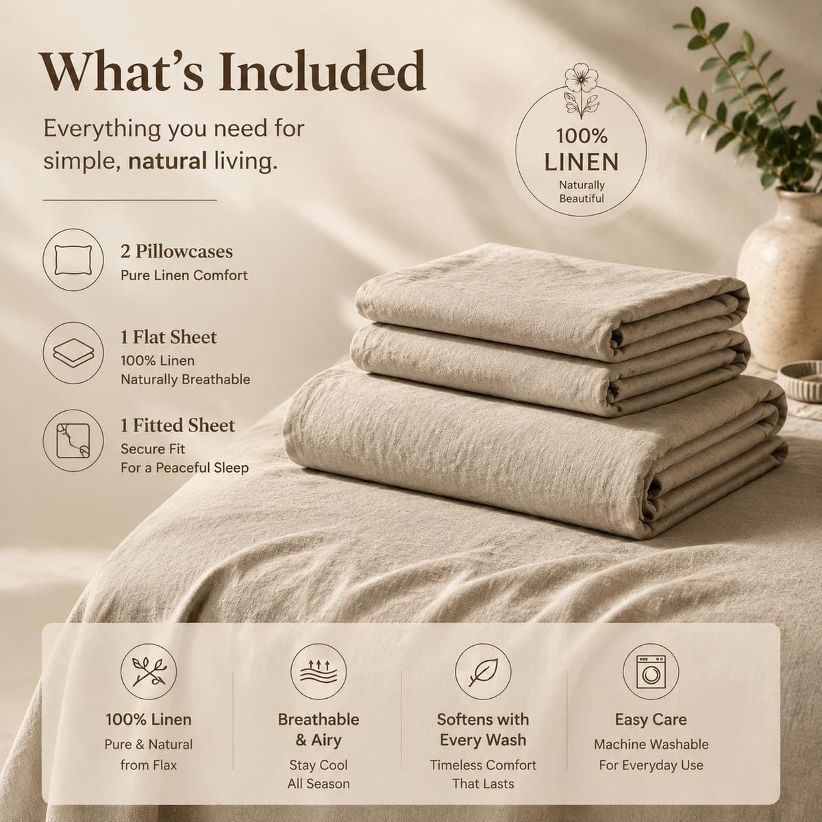 MEISHANG 100% French Linen Sheets Queen,4 Pcs,18-24" Extra Deep Pocket