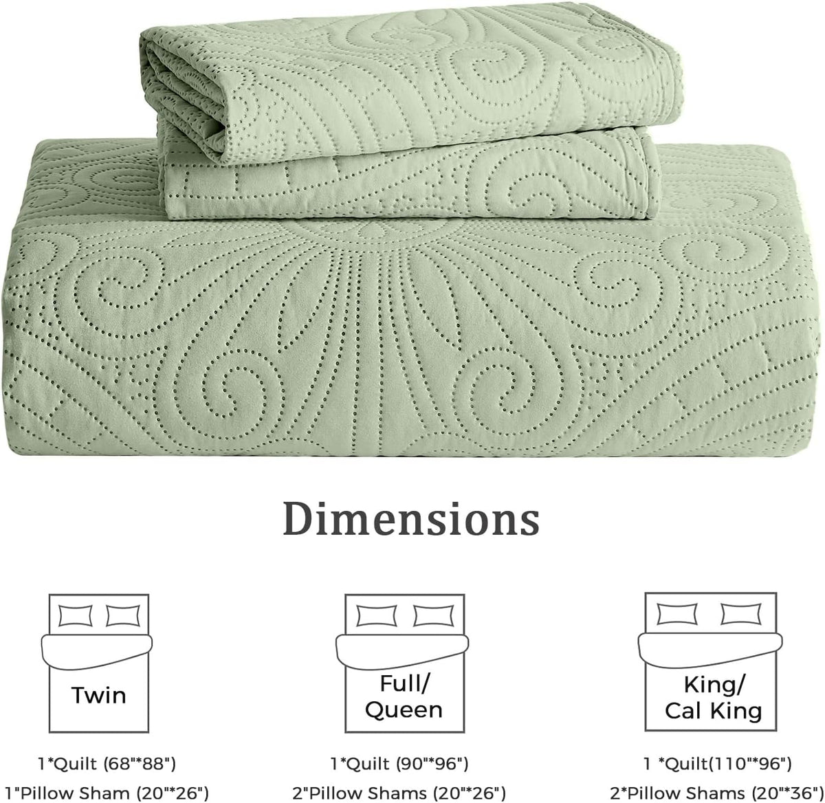 WURUIBO King/Cal King Quilt Set Sage Green,Ultrasonic Embossed Bedspread, Lightweight Microfiber Coverlet, Modern Thin Bedding Set for All Season, 3 Piece(1 Quilt,2 Pillow Shams)