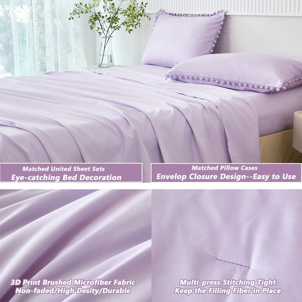 PERFEMET 5 Pieces Lavender Purple Comforter Set Twin Girls Pom Bedding Sets
