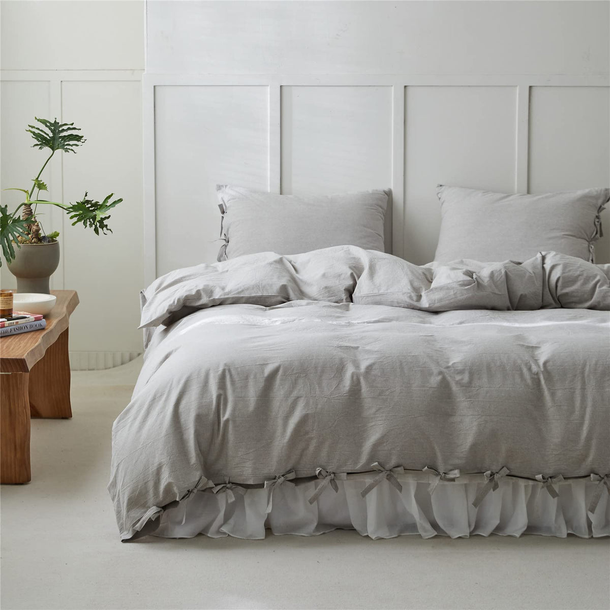 BISELINA 100% Washed Cotton Duvet Cover Set 3pcs with Bowknot Ties Strap Solid Color Linen Like Textured Durable Breathable Soft Comfy Chic Bedding (Twin, Cornflower Blue)