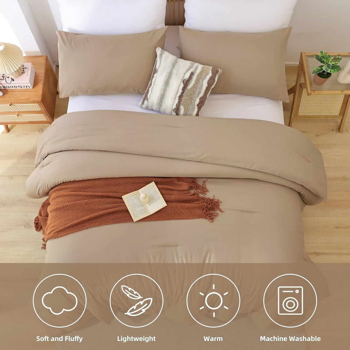 ROSGONIA Queen Comforter Set Taupe Brown, 3pcs(1 Boho Tan Comforter & 2 Pillowcases) All Season Soft Bedding Lightweight Bedspread Blanket Quilt