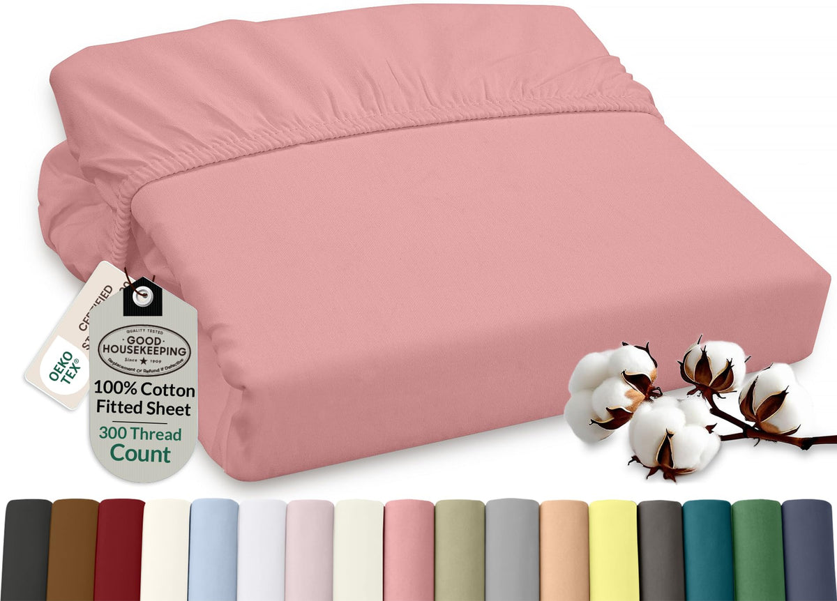 ROYALE LINENS 300 Thread Count 100% Long Staple Combed Cotton Fitted Sheet Full - Super Soft Deep Pocket Bottom Sheet - Fitted Sheets Only - Elastic Sheets (Full, White)
