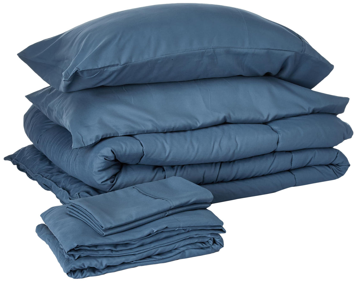 Sweet Home Collection 5 Piece Comforter Set Bag Solid Color All Season Soft Down Alternative Blanket & Luxurious Microfiber Bed Sheets, Navy, Twin