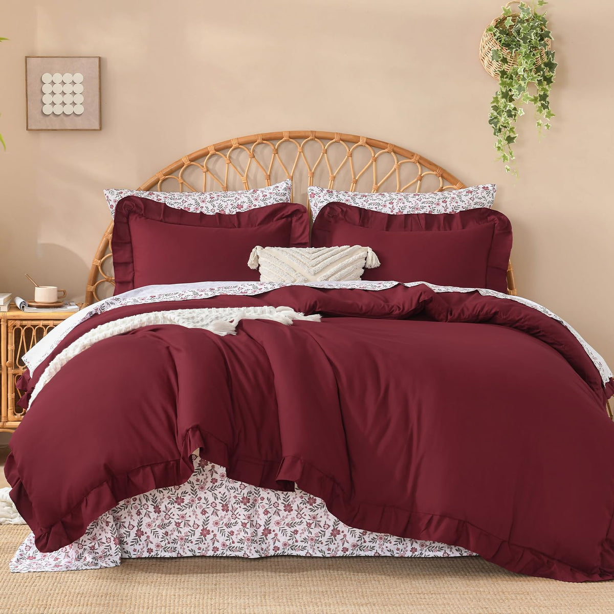 Litanika 7Pcs Queen Ruffled Sage Green Comforter Set with Floral Sheets