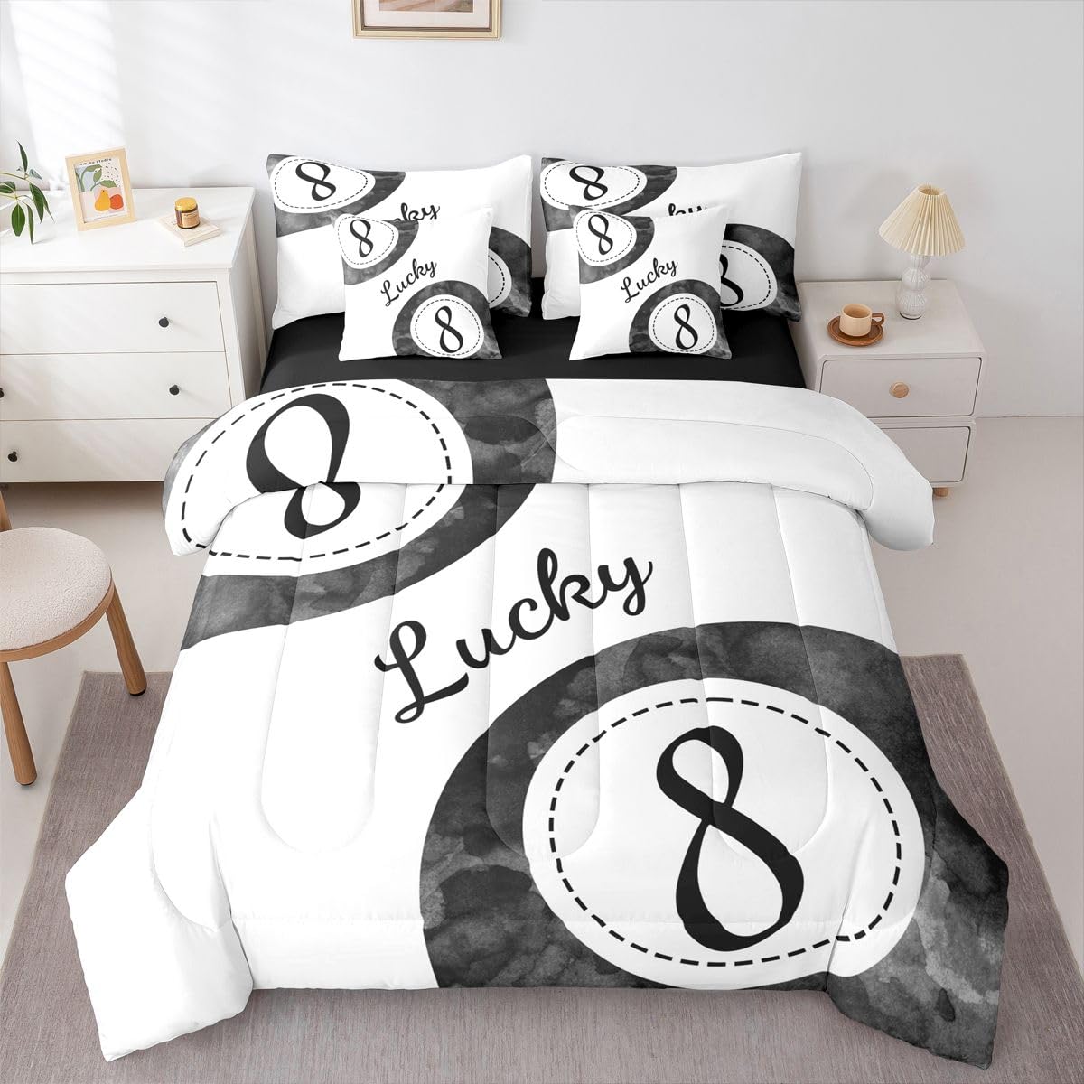 Erosebridal Leopard Print Bedding Set,7 Piece Pink Lucky 8 Ball Cheetah Bed in A Bag Queen Comforter Set for Boys Girls Women Preppy Room Decor Aesthetic Comforter and Sheets Fashion Coquette Bed Set