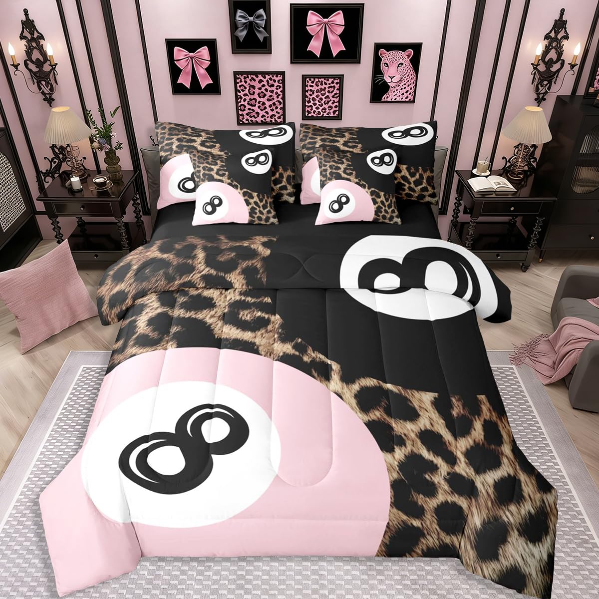 Erosebridal Leopard Print Bedding Set,7 Piece Pink Lucky 8 Ball Cheetah Bed in A Bag Queen Comforter Set for Boys Girls Women Preppy Room Decor Aesthetic Comforter and Sheets Fashion Coquette Bed Set