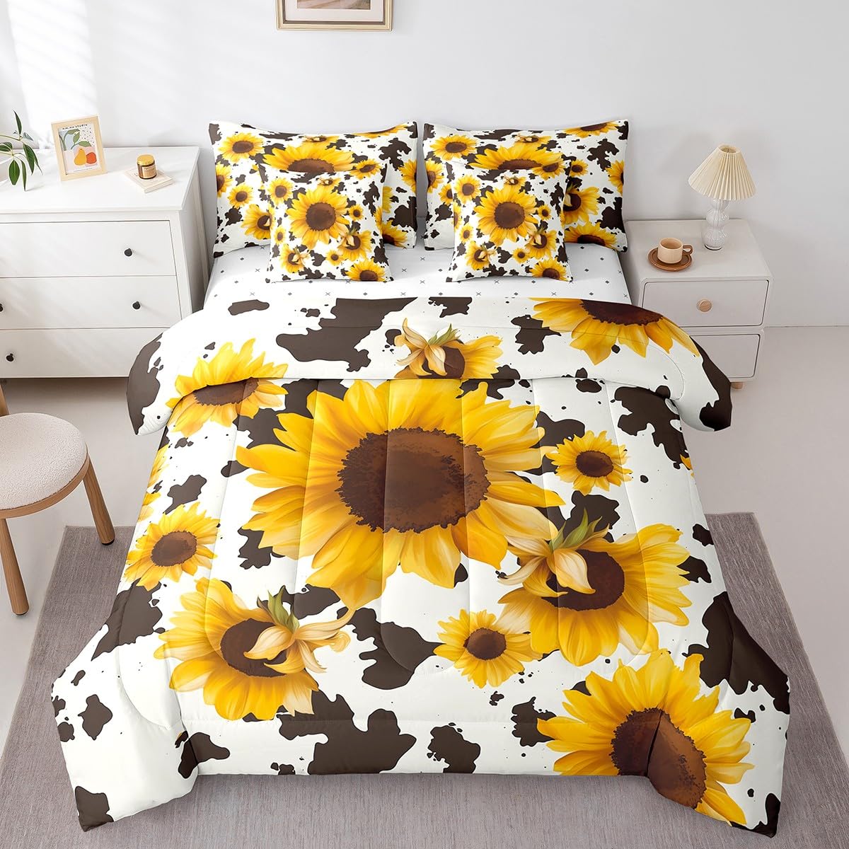 Erosebridal 7 Pcs Rustic Cow Comforter Set King Size,Western Texas Star Bed in a Bag with Flat Fitted Sheet for Cowboy Cowgirl,Cowhide Cow Print Bedding Set with Pillowcases and Cushion Cases