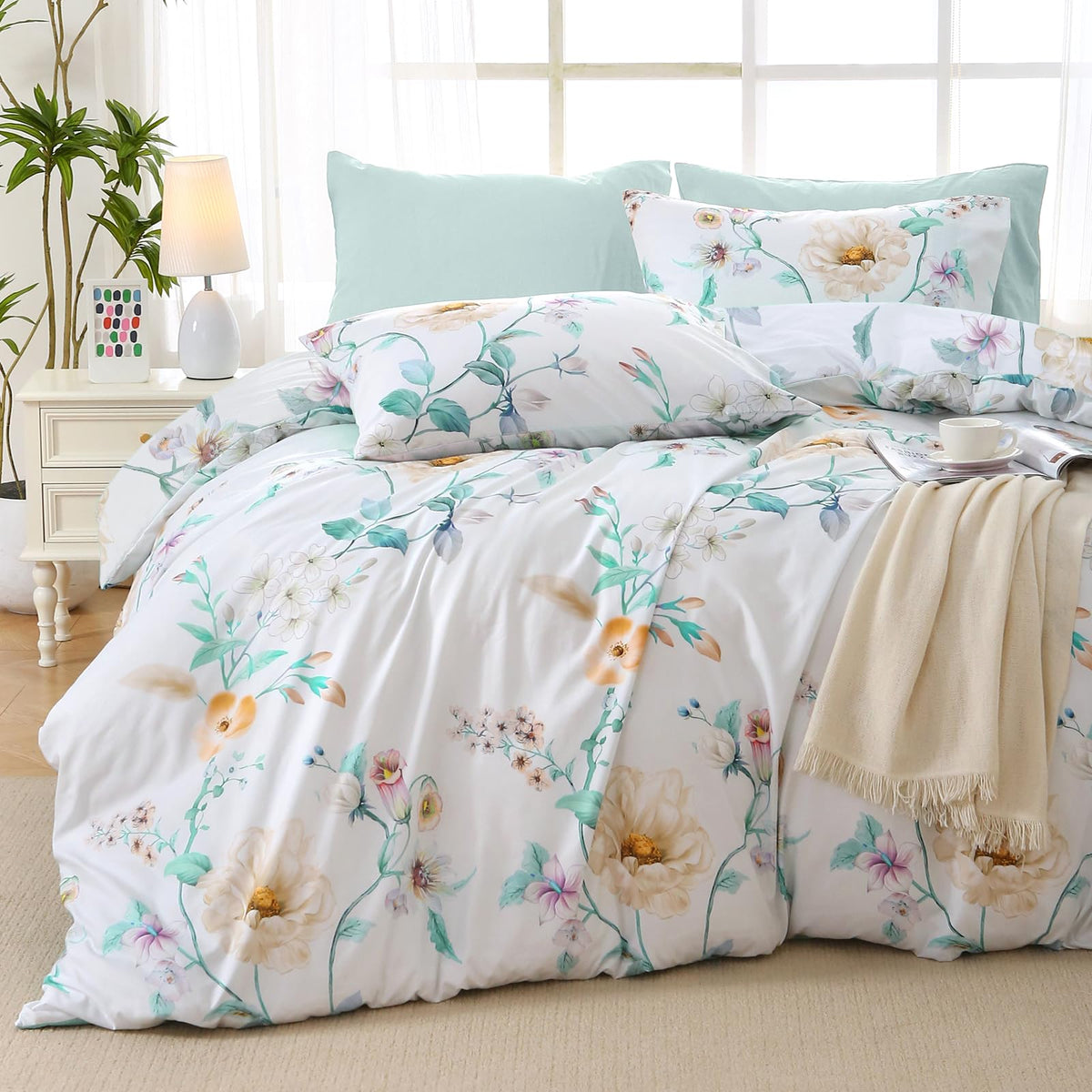 MUXHOMO Beige Full Comforter Set, Elegant Floral Print Bed in a Bag 7 Pieces, Ultra Soft & Breathable Reversible Botanical Pattern Bedding Set with Comforter, Sheets, Pillowcases, and Shams